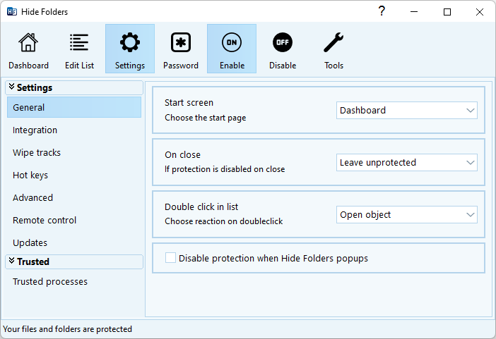 Hide Folders Settings provides you with options to manage locking folders