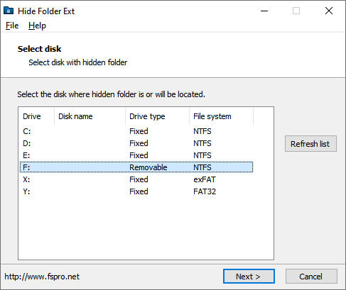 hide folder ext - select disk