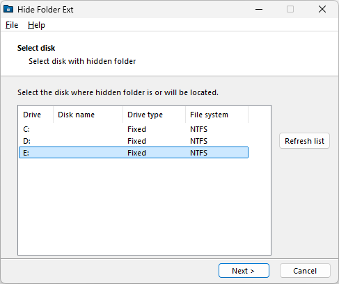 Hide Folder Ext disk selection step