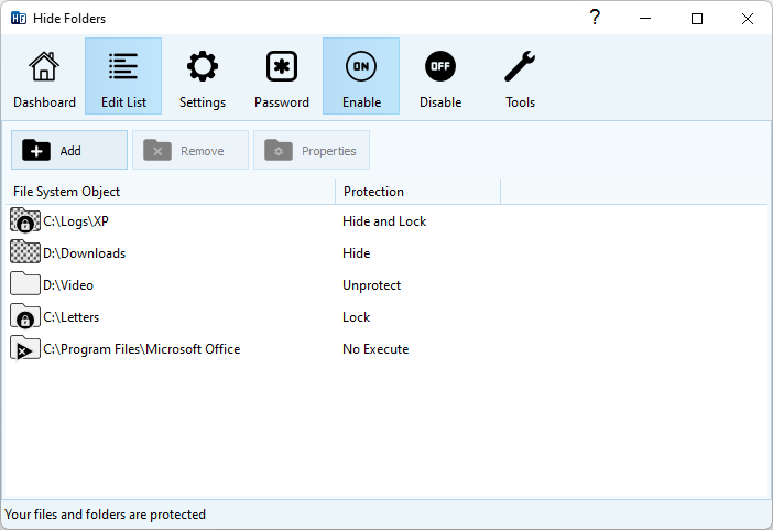 Hide Folders list of protected objects