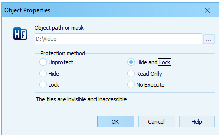 Hide Folders Object Properties dialog